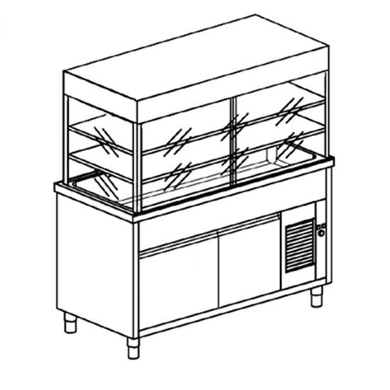 Kühlvitrinen-Element mit Kühlwanne auf gekühltem Schrank, B=2000 mm, 5x GN 1/1