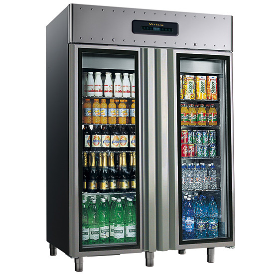 Kühlschrank, 1400 Liter, aus Edelstahl, mit Glastüren, GN 2/1, -2 °C/+8 °C