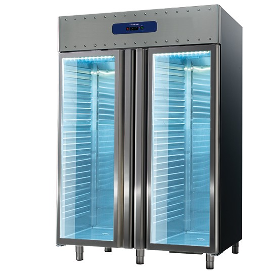 Kühlschrank, 1400 Liter, aus Edelstahl, mit Glastüren, GN 2/1, -2 °C/+8 °C
