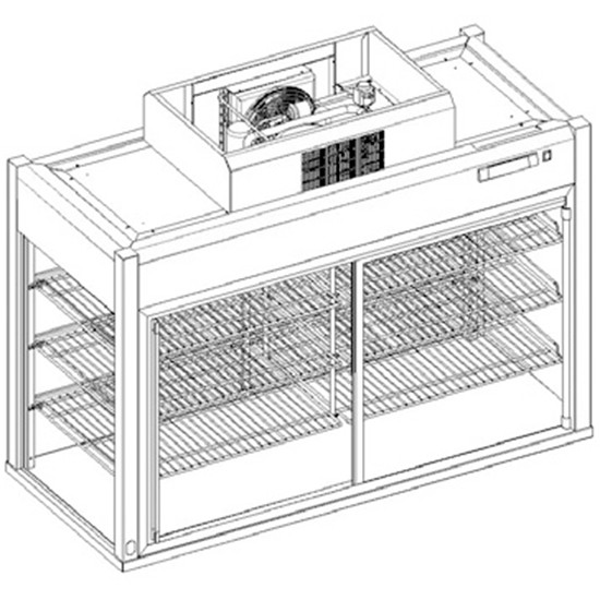 Kühlvitrine mit 3 Ebenen, Kundenseite mit Klappen, ohne Boden, B=1500 mm